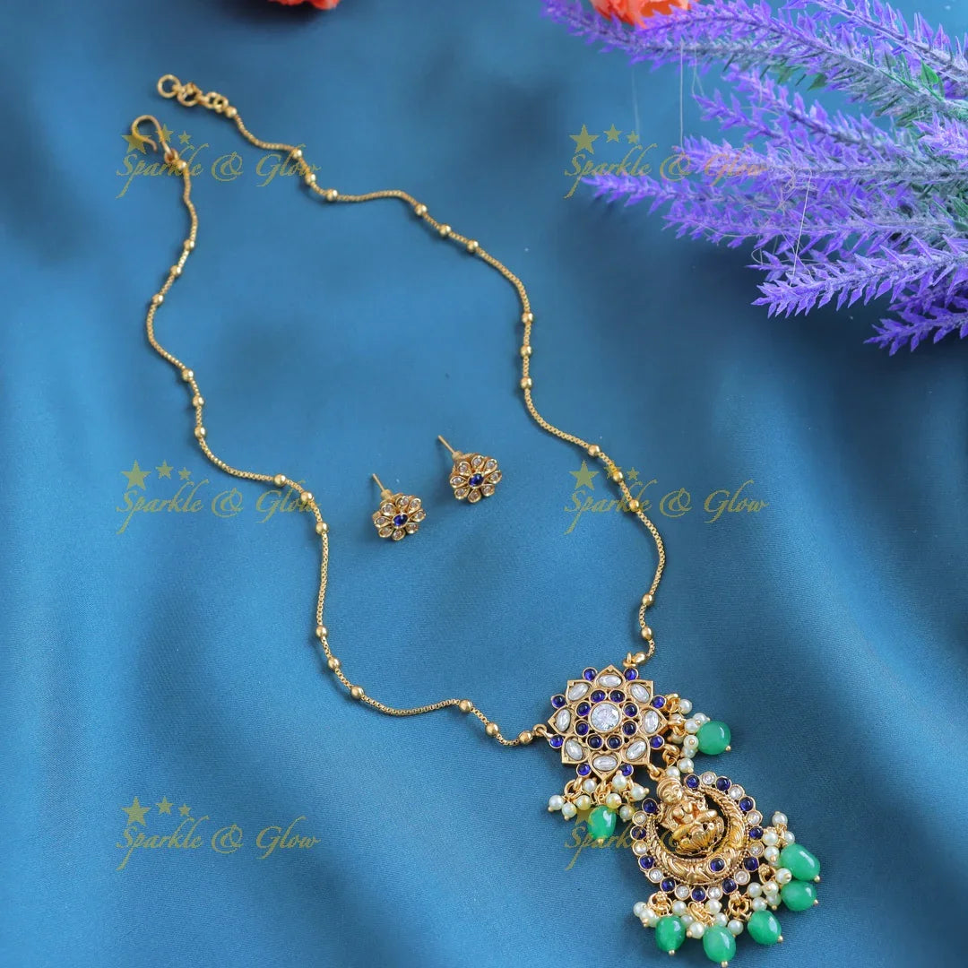 Elegant Idol Lakshmi Half moon Floral design Antique pendant chain with green beads-Ruby - Sparkle and Glow