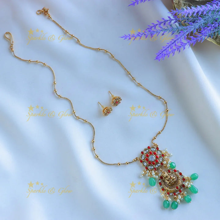 Elegant Idol Lakshmi Half moon Floral design Antique pendant chain with green beads-Ruby - Sparkle and Glow