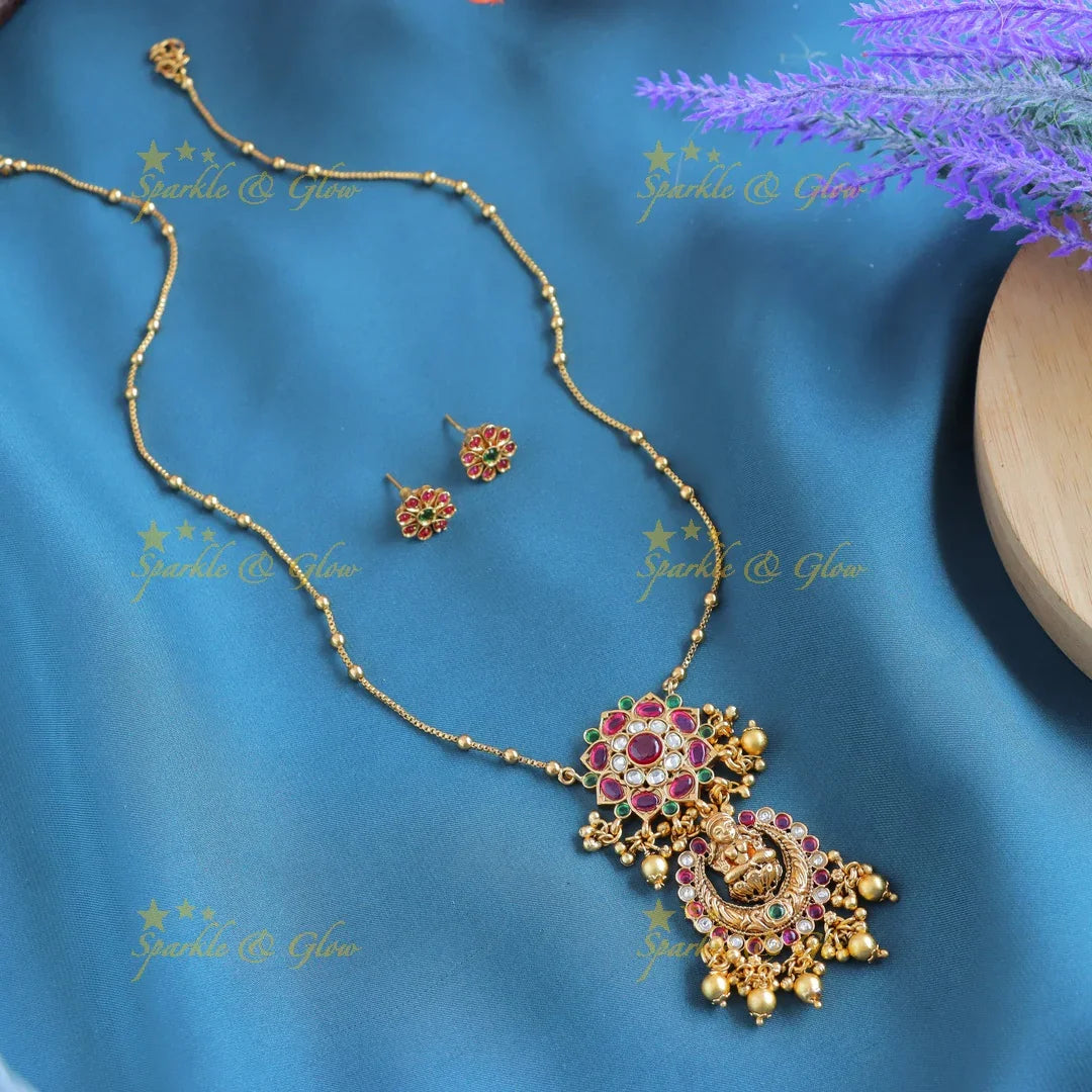 Elegant Idol Lakshmi Half moon Floral design Antique pendant chain with green beads-Ruby - Sparkle and Glow