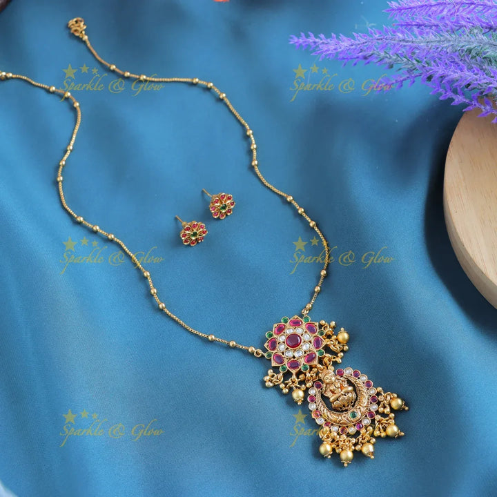Elegant Idol Lakshmi Half moon Floral design Antique pendant chain with green beads-Ruby - Sparkle and Glow