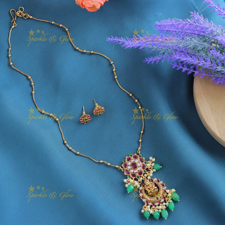 Elegant Idol Lakshmi Half moon Floral design Antique pendant chain with green beads-Ruby - Sparkle and Glow
