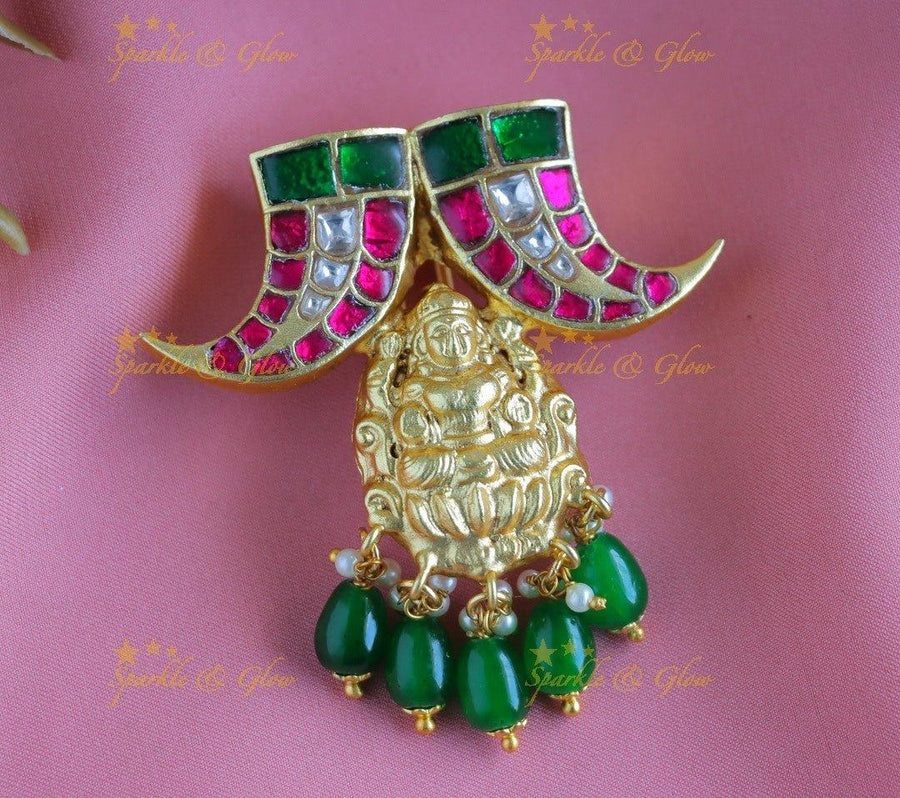 Gracious Idol Lakshmi Nail design Jadau Jadabilla-Green-pearl - Sparkle and Glow