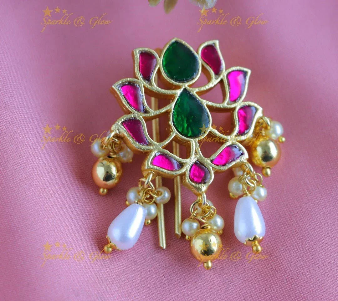 Sparkling Floral Leaf design Jadau Jadabilla-Gold-pearl - Sparkle and Glow