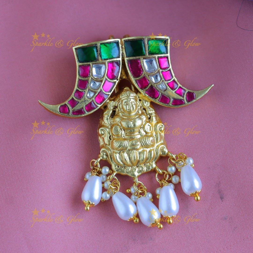 Gracious Idol Lakshmi Nail design Jadau Jadabilla-Green-pearl - Sparkle and Glow
