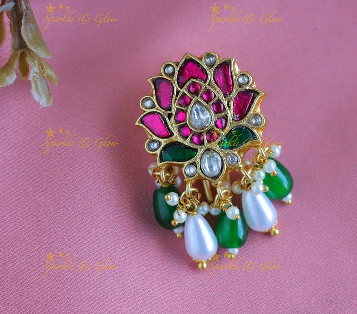Elegant Jadau Lotus Floral Jadabilla-Green-pearl1 - Sparkle and Glow