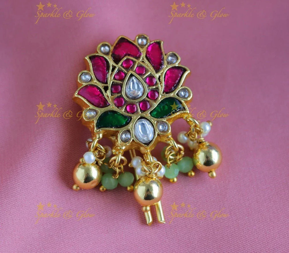 Elegant Jadau Lotus Floral Jadabilla-Green-pearl1 - Sparkle and Glow