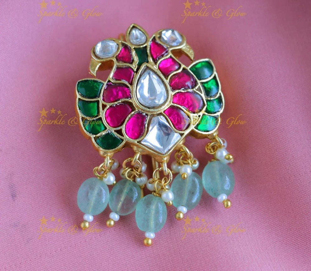 Sparkling Dual Tone Peacock Floral Jadau Jadabilla-Green - Sparkle and Glow
