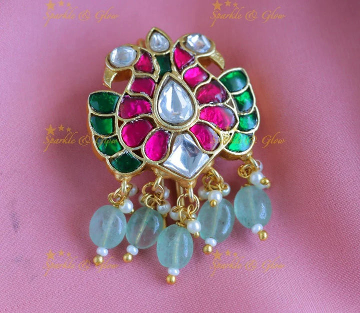 Sparkling Dual Tone Peacock Floral Jadau Jadabilla-Green - Sparkle and Glow