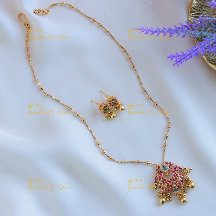 Sparkling Dual tone Peacock Floral pendant chain with green beads-Navarathna
