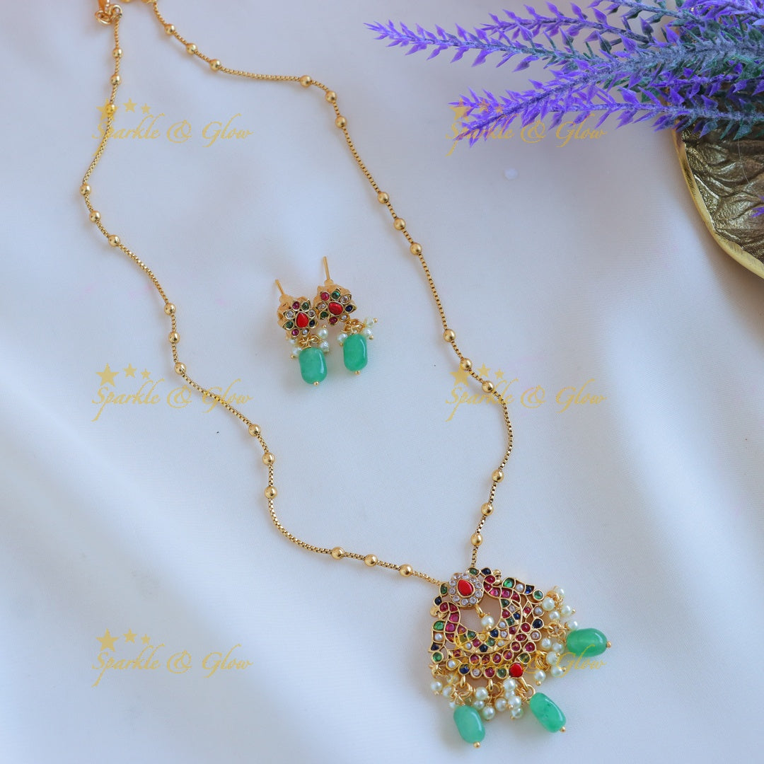 Sparkling Dual tone Peacock Floral pendant chain with green beads-Navarathna