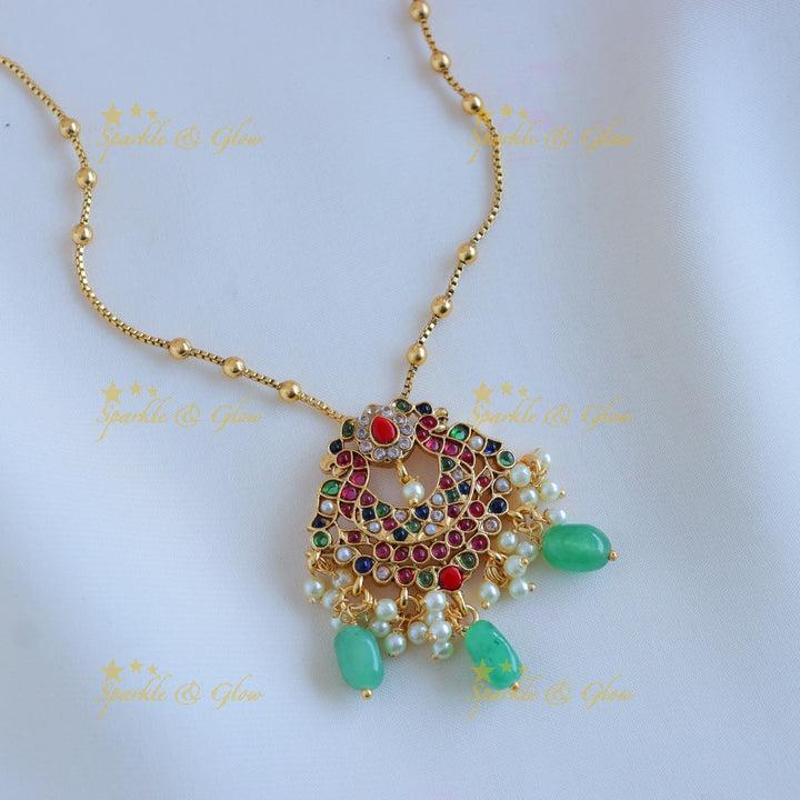 Sparkling Dual tone Peacock Floral pendant chain with green beads-Navarathna