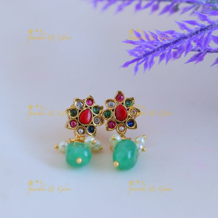 Sparkling Dual tone Peacock Floral pendant chain with green beads-Navarathna