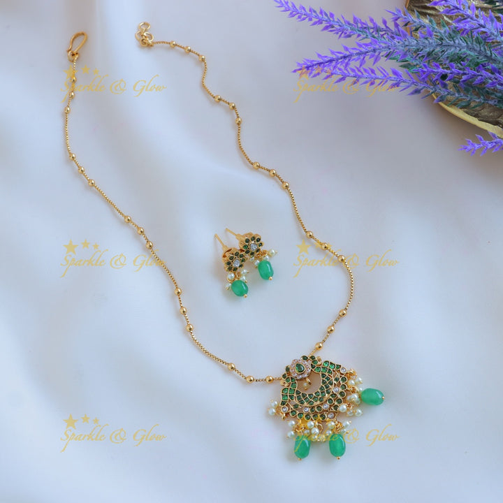 Sparkling Dual tone Peacock Floral pendant chain with green beads-Green