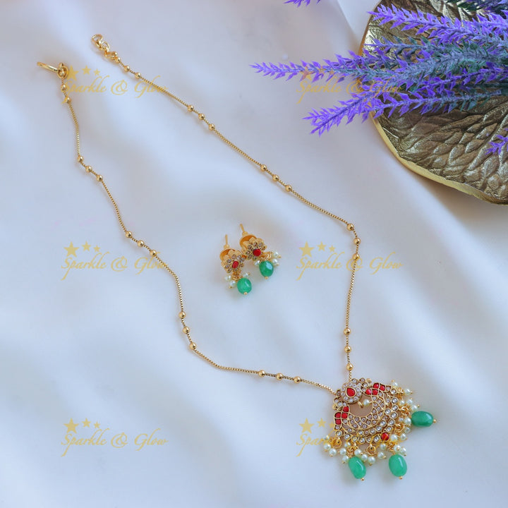 Sparkling Dual tone Peacock Floral pendant chain with green beads-Green