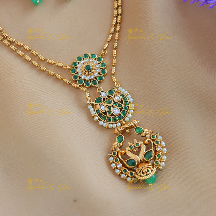 Elegant Dual tone Peacock Floral Layered pendant chain-Green