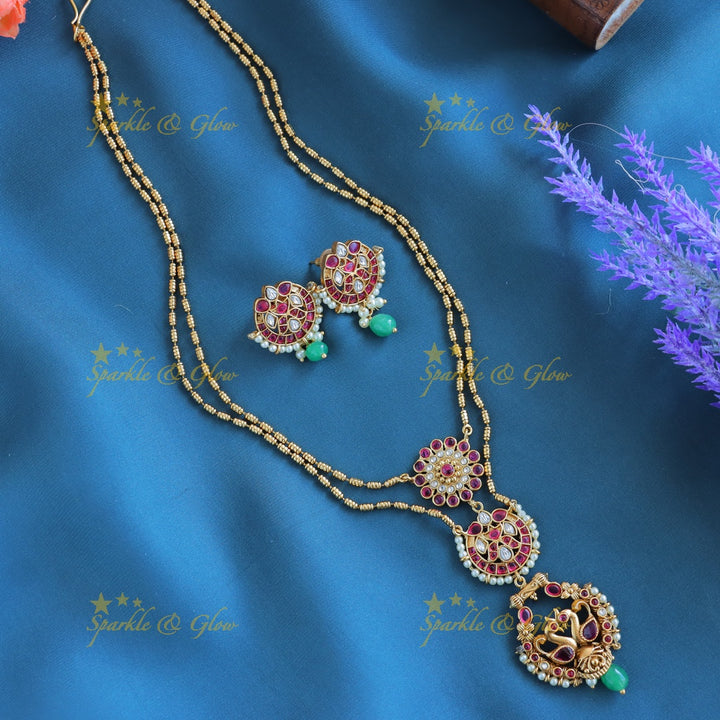 Elegant Dual tone Peacock Floral Layered pendant chain-Gold-multi
