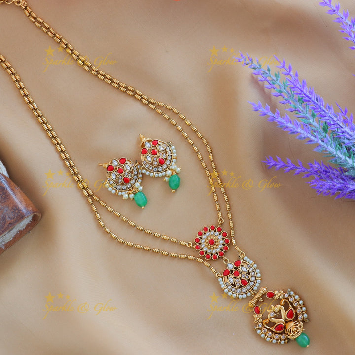Elegant Dual tone Peacock Floral Layered pendant chain-Gold-multi