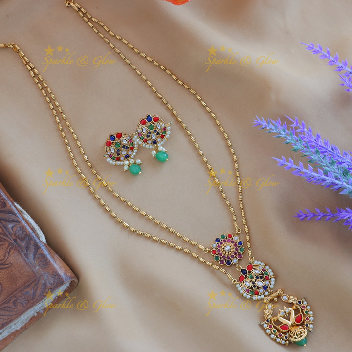 Elegant Dual tone Peacock Floral Layered pendant chain-Gold-multi