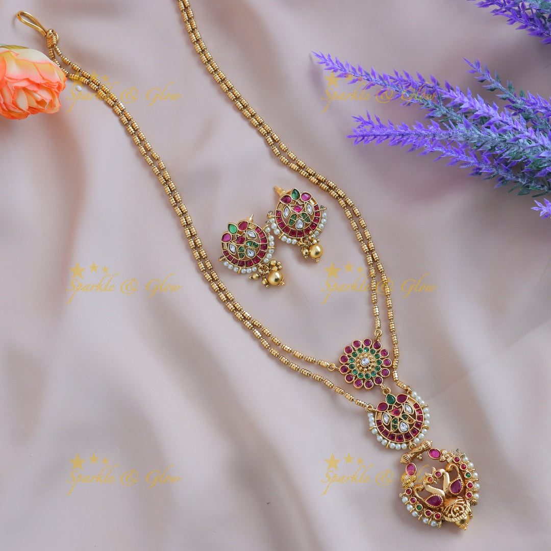 Elegant Dual tone Peacock Floral Layered pendant chain-Ruby