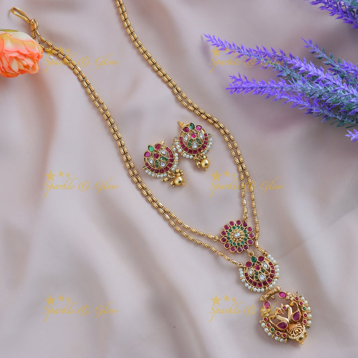 Elegant Dual tone Peacock Floral Layered pendant chain-Ruby