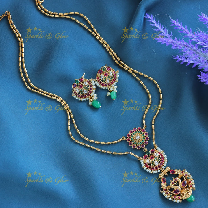 Elegant Dual tone Peacock Floral Layered pendant chain-Ruby