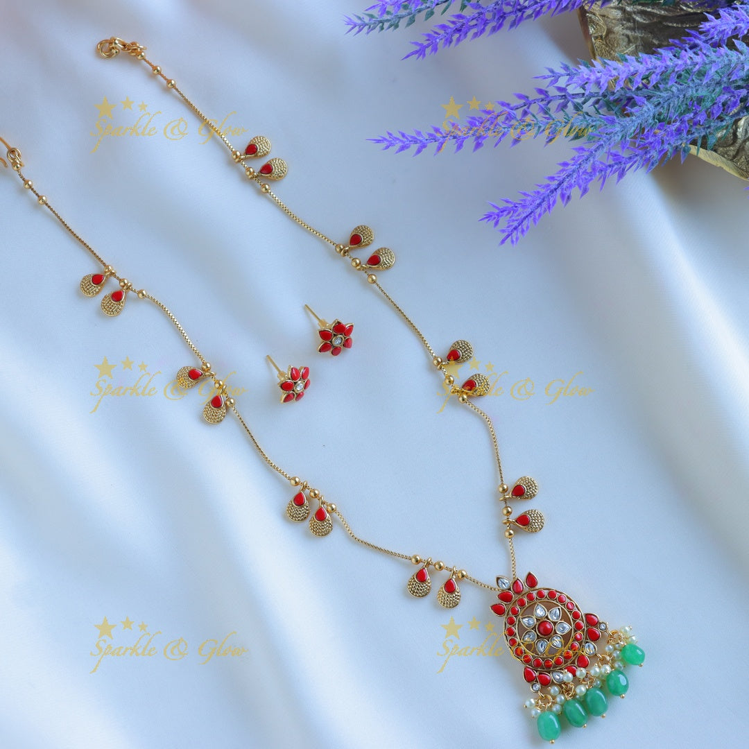 Beautiful Kemp Floral Leaf design pendant chain with green beads-Green-multi