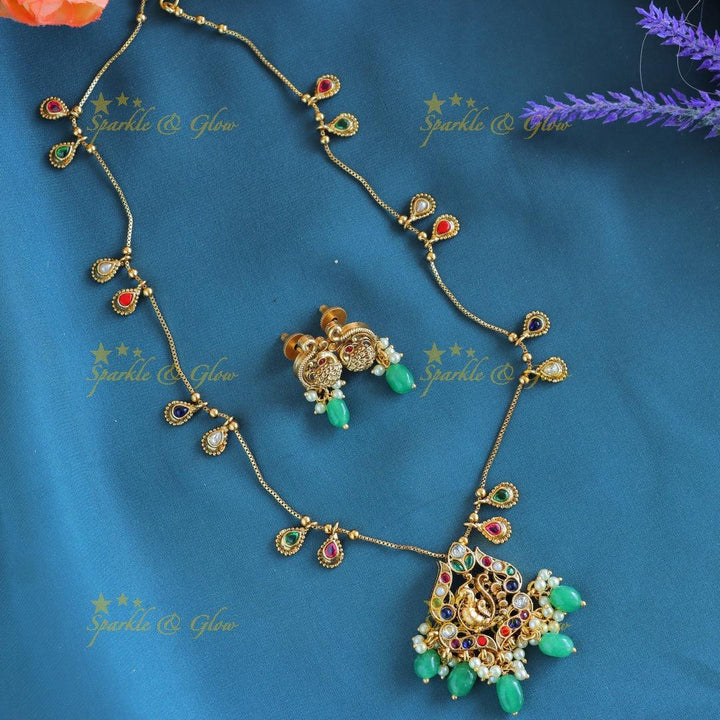 Elegant Dual tone Peacock Floral Antique pendant chain with green beads-Green - Sparkle and Glow