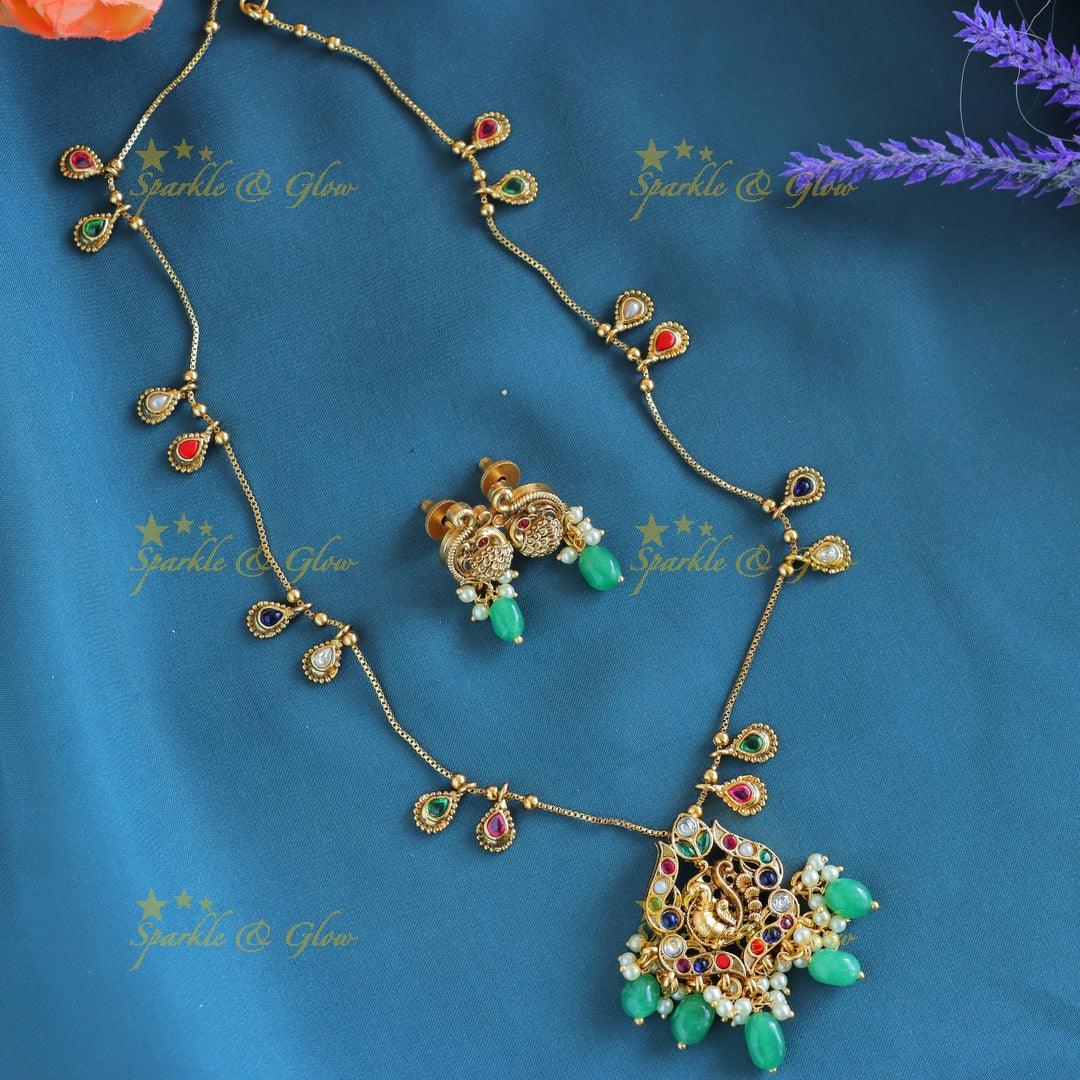 Elegant Dual tone Peacock Floral Antique pendant chain with green beads-Green - Sparkle and Glow