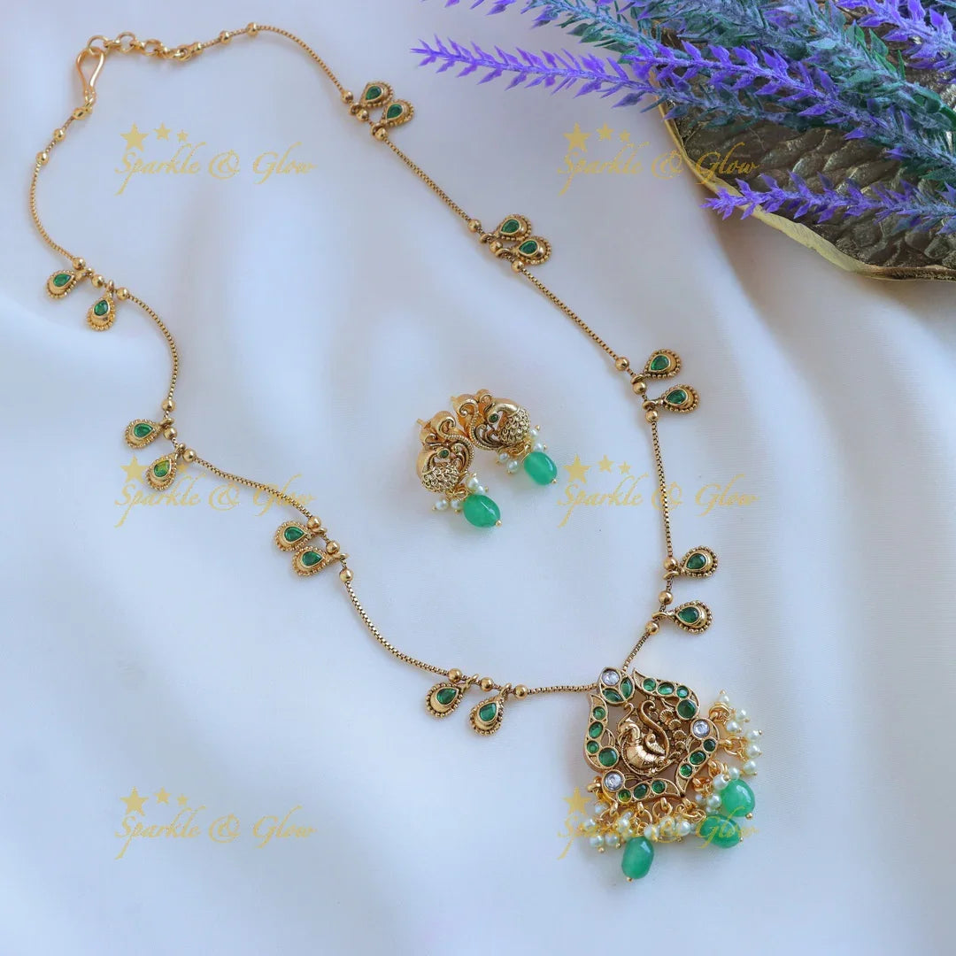 Elegant Dual tone Peacock Floral Antique pendant chain with green beads-Green - Sparkle and Glow