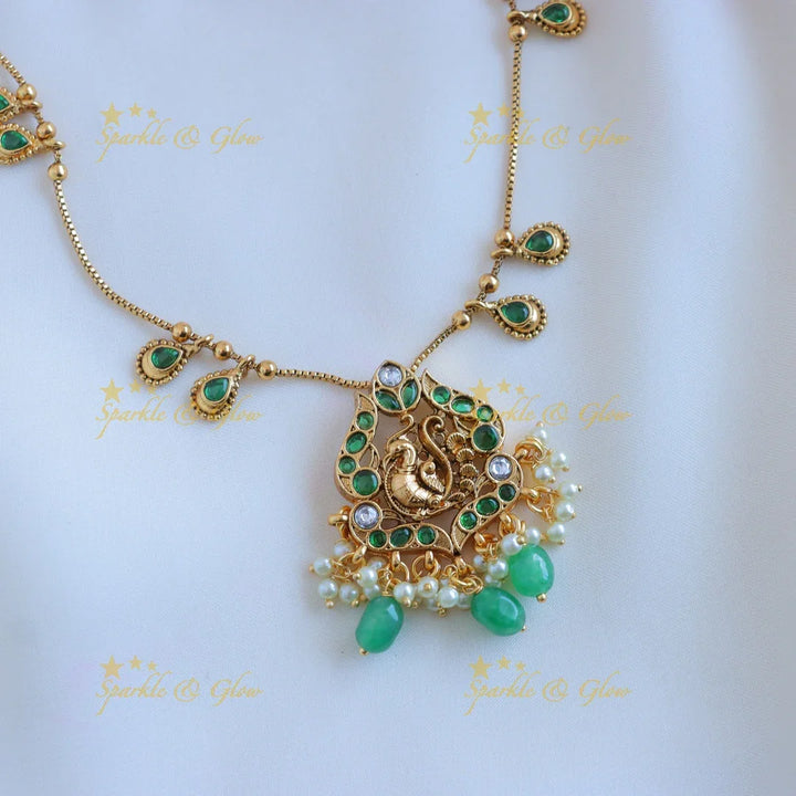 Elegant Dual tone Peacock Floral Antique pendant chain with green beads-Green - Sparkle and Glow