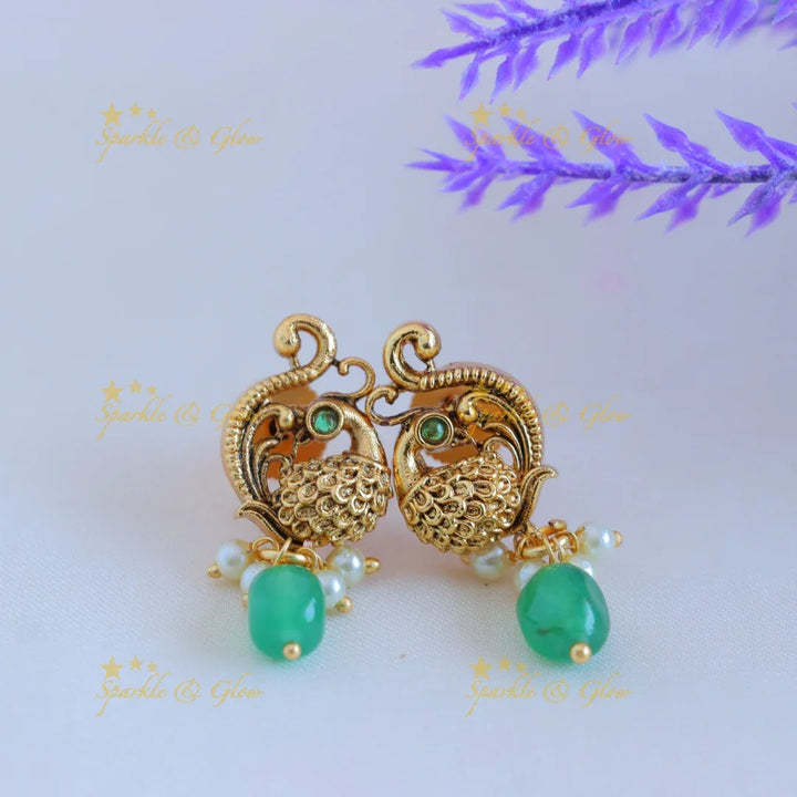 Elegant Dual tone Peacock Floral Antique pendant chain with green beads-Green - Sparkle and Glow