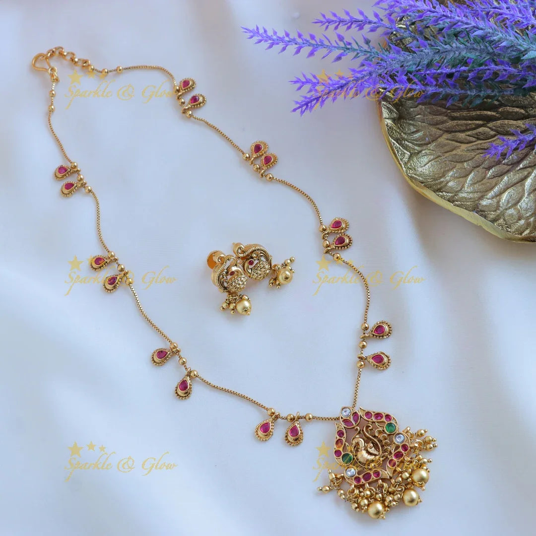 Elegant Dual tone Peacock Floral Antique pendant chain with green beads-Green - Sparkle and Glow