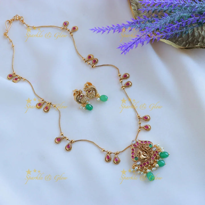 Elegant Dual tone Peacock Floral Antique pendant chain with green beads-Green - Sparkle and Glow