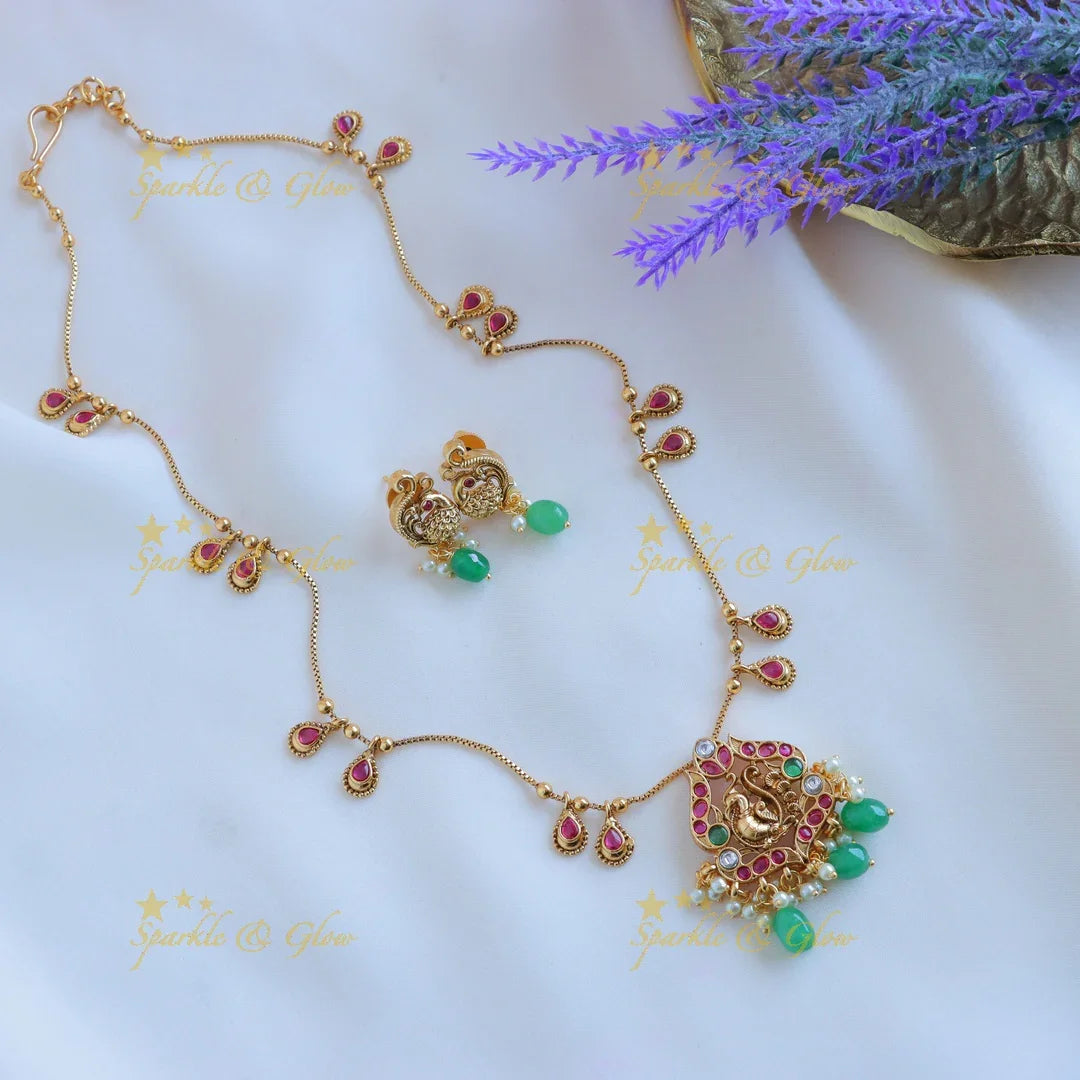Elegant Dual tone Peacock Floral Antique pendant chain with green beads-Green - Sparkle and Glow