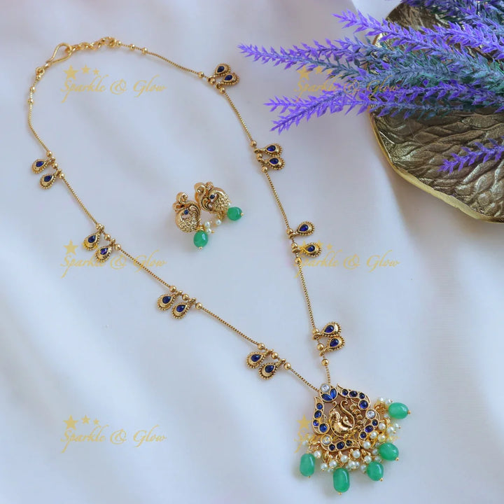Elegant Dual tone Peacock Floral Antique pendant chain with green beads-Green - Sparkle and Glow