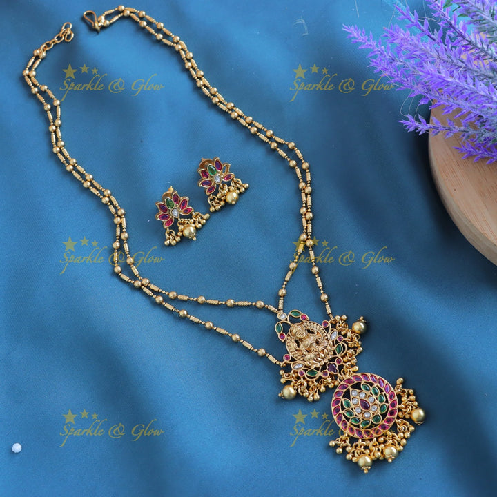 Gracious Idol Lakshmi Lotus Floral layered pendant chain with gold beads-Gold-multi