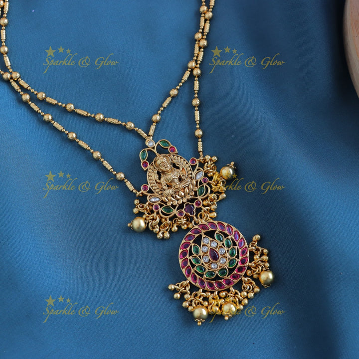Gracious Idol Lakshmi Lotus Floral layered pendant chain with gold beads-Gold-multi