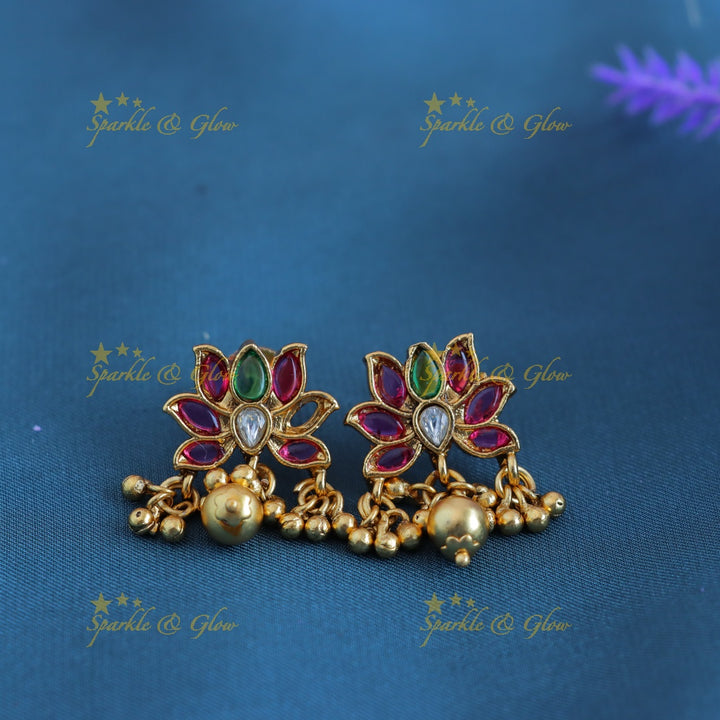 Gracious Idol Lakshmi Lotus Floral layered pendant chain with gold beads-Gold-multi