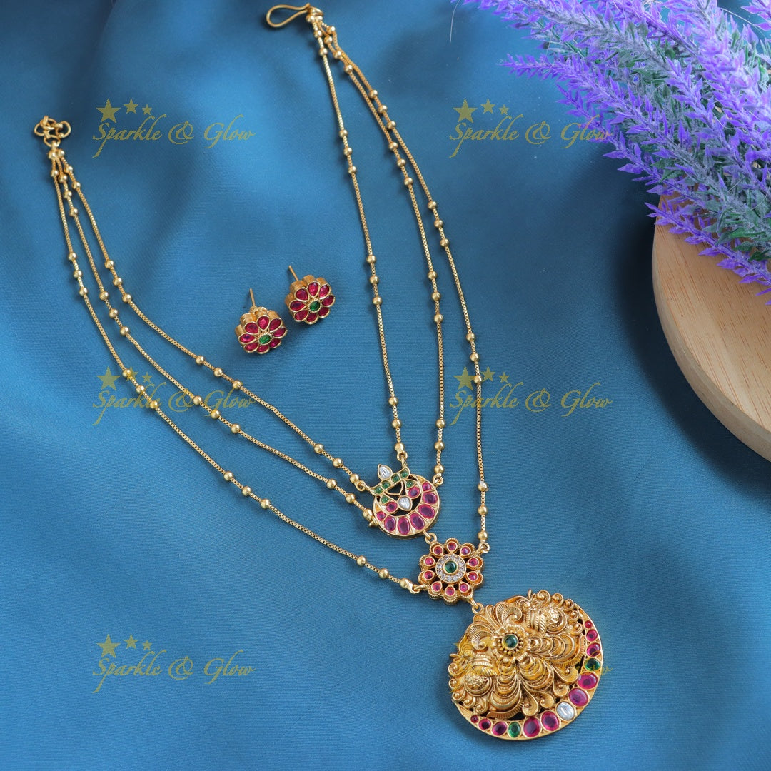 Grand Half moon Peacock Floral layered pendant chain-Green