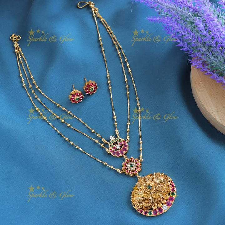 Grand Half moon Peacock Floral layered pendant chain-Green