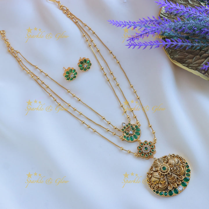 Grand Half moon Peacock Floral layered pendant chain-Green