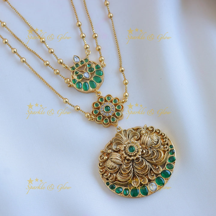 Grand Half moon Peacock Floral layered pendant chain-Green