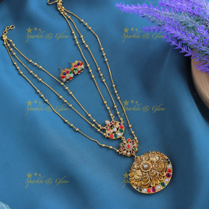 Grand Half moon Peacock Floral layered pendant chain-Green