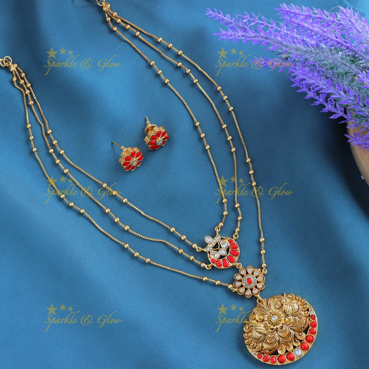 Grand Half moon Peacock Floral layered pendant chain-Green