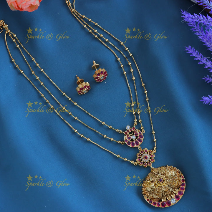 Grand Half moon Peacock Floral layered pendant chain-Green
