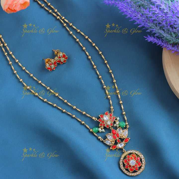 Elegant Kemp Lotus Floral layered Antique pendant chain-Navarathna