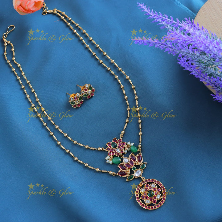 Elegant Kemp Lotus Floral layered Antique pendant chain-Navarathna