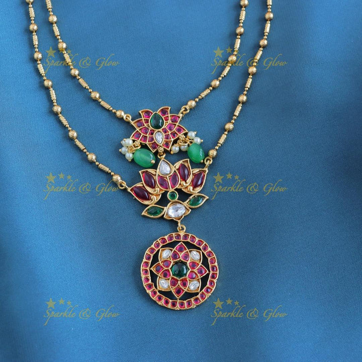 Elegant Kemp Lotus Floral layered Antique pendant chain-Multi - Sparkle and Glow
