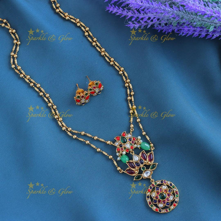 Elegant Kemp Lotus Floral layered Antique pendant chain-Multi - Sparkle and Glow