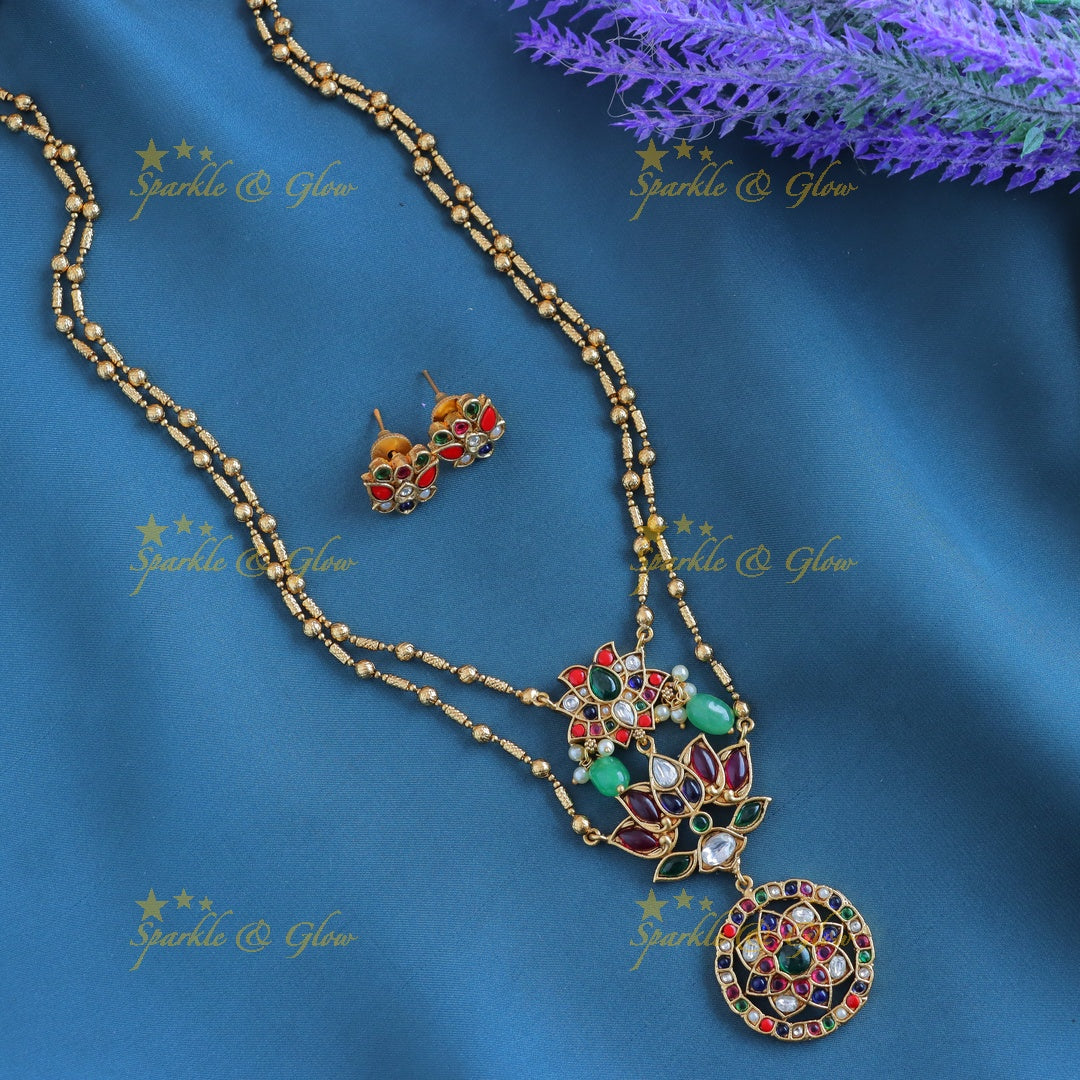 Elegant Kemp Lotus Floral layered Antique pendant chain-Navarathna